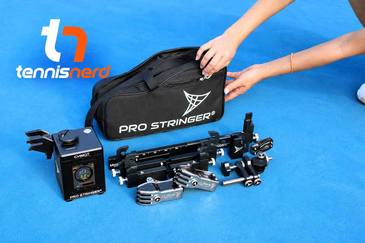 Pro Stringer portable tennis racquet stringing machine and carrying case package reviewed by Tennisnerd.