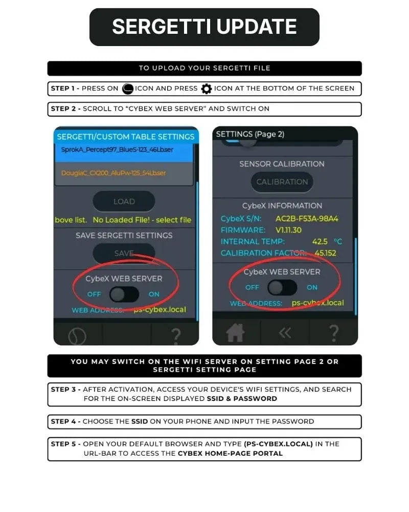 Enable the CybeX WiFi server and connect your device for Sergetti uploads.