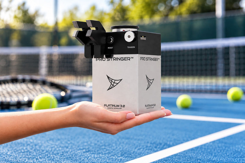 A person holding the Pro Stringer Platinum 3.0 electronic tennis stringing machine on a tennis court.