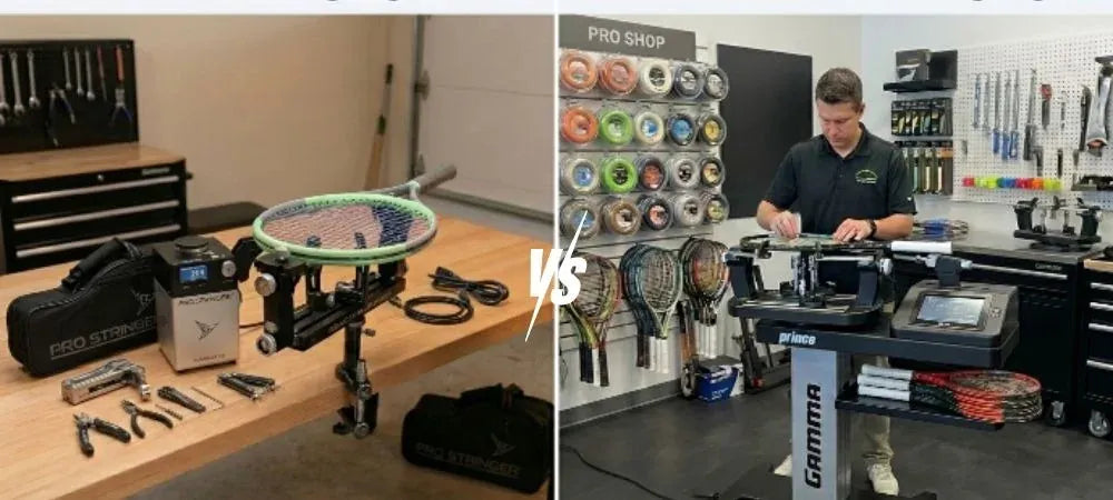 Comparaison côte à côte d’une machine à corder portable installée sur un établi à la maison et d’un cordeur travaillant sur une machine sur pied dans un pro shop