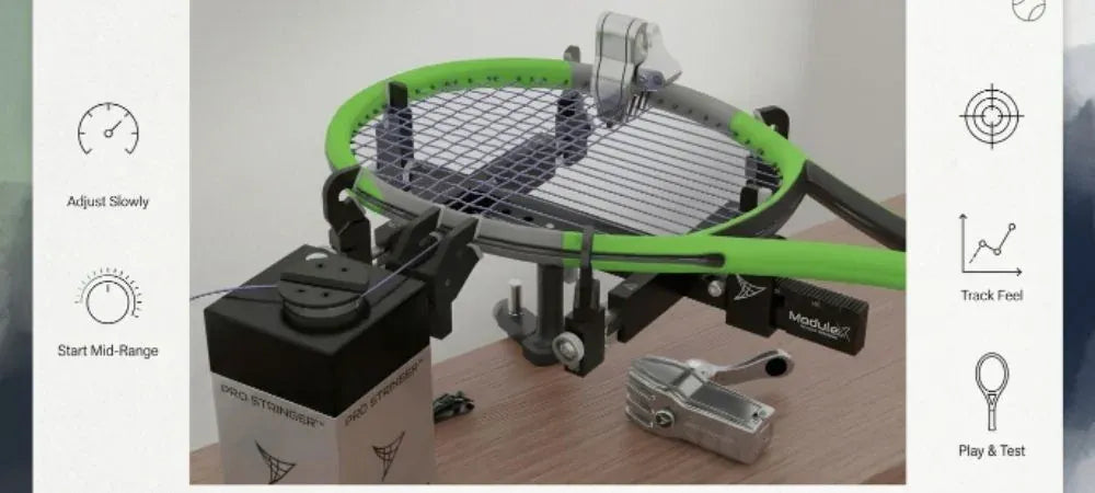 Ein Schläger, aufgespannt in einer tragbaren Bespannmaschine, mit Symbolen für Start im mittleren Bereich, langsames Anpassen, Gefühl festhalten und Spieltest
