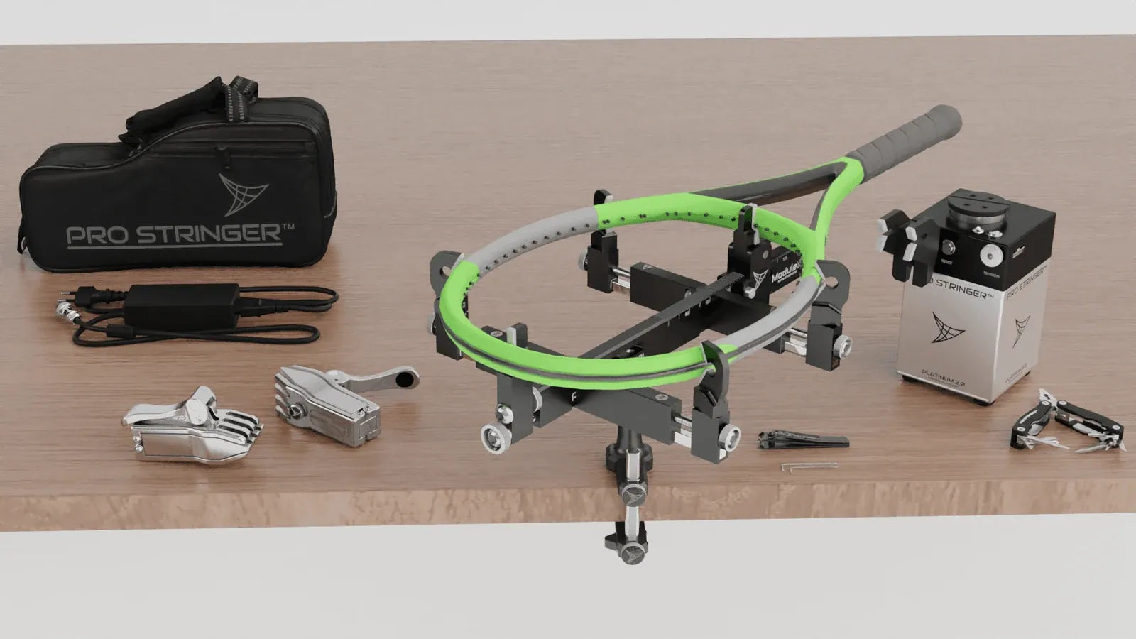 Pro Stringer Platinum 3.0 setup with travel bag, tools and a racquet mounted on ModuleX